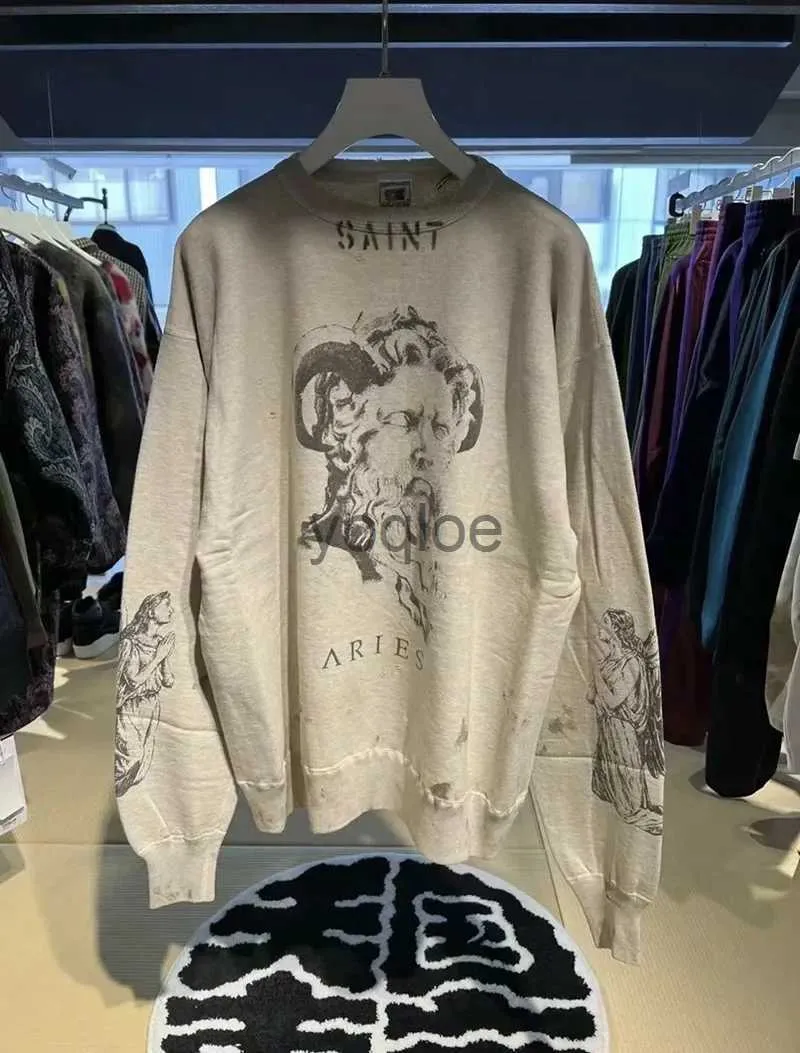 Heren Hoodies Sweatshirts 23FW Nieuwe Saint Michael Ronde Hals Oversized Heren Trui ARIES Print Beige Vintage Pullover Streetwear J231031