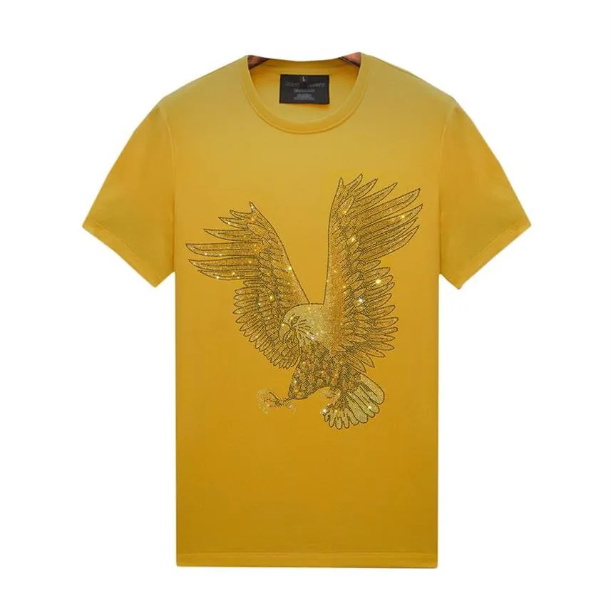 T-shirt d'été décontracté à col ras du cou pour homme et femme, avec strass, jaune, avec motifs, pull à manches courtes, coupe cintrée, unisexe, 314W
