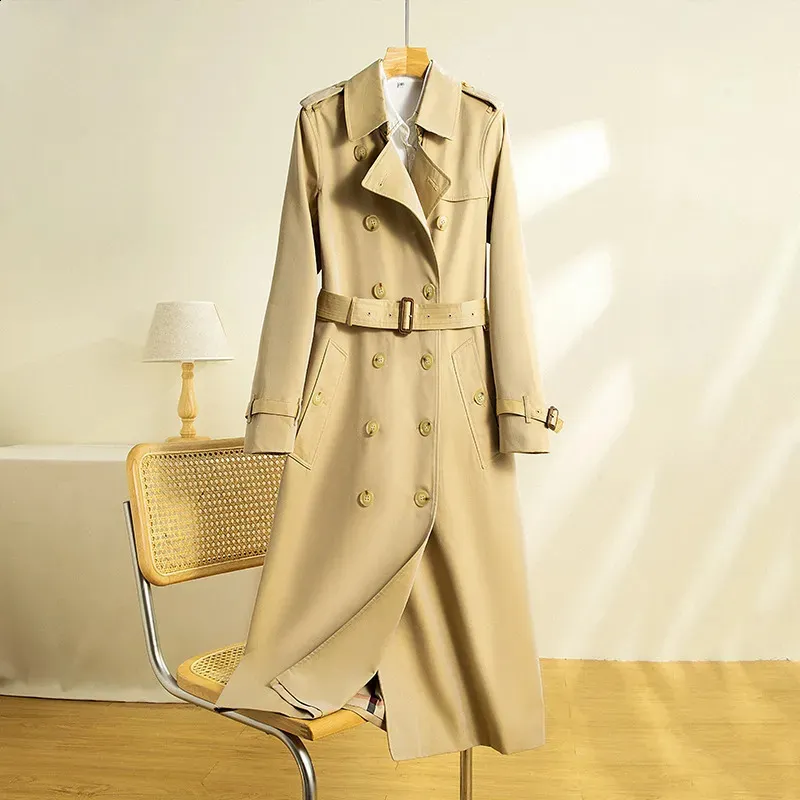 Trenchs femme Trench britannique manteau femme classique plaid double boutonnage revers imperméable haut de gamme décontracté ample longueur manteau 231030