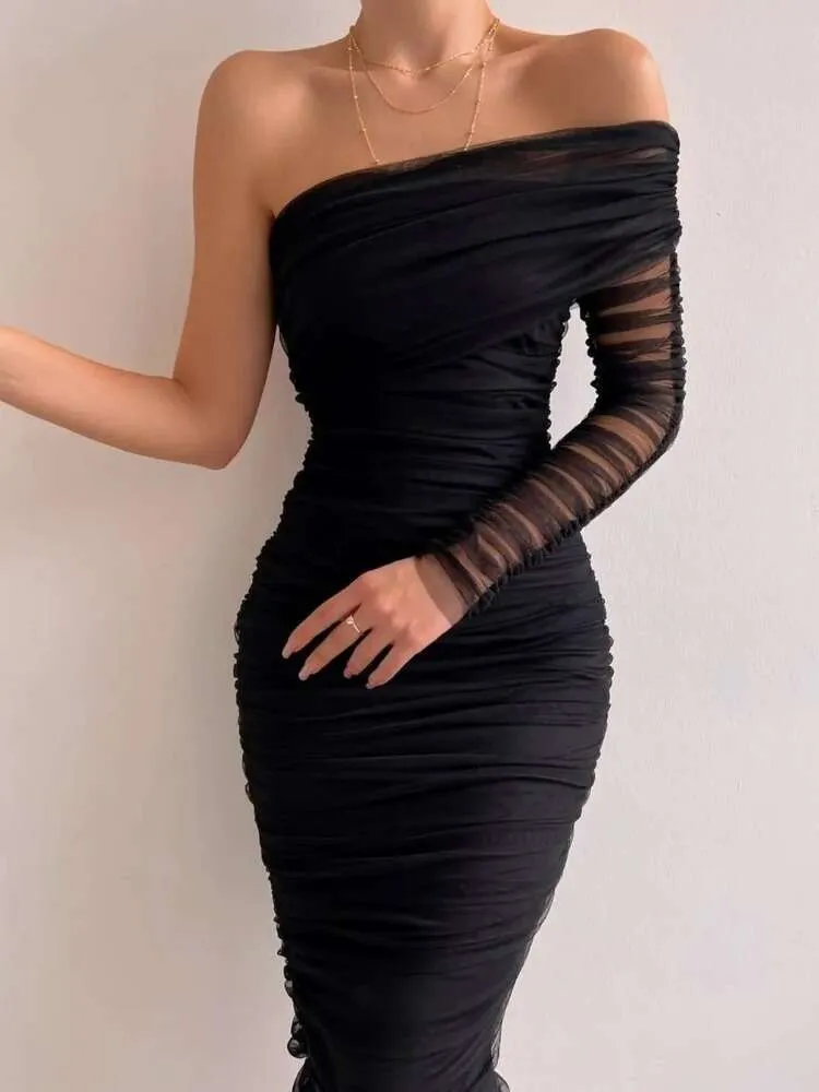 See Through Mesh Midi Dresses for Women Fold Sexy Slim Tail Woman Wedding Bodycon Off Shoulder Dress s