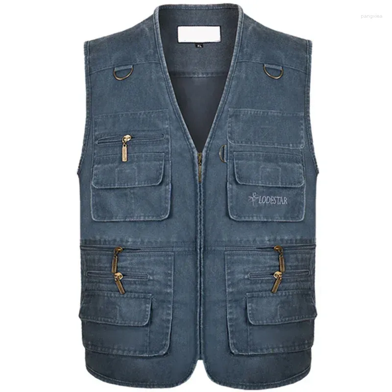 Men's Vests Plus Size 6XL 7XL Male Casual Summer Cotton Denim Vest Sleeveless Jacket Multi Pocket Pograph Waistcoat Men