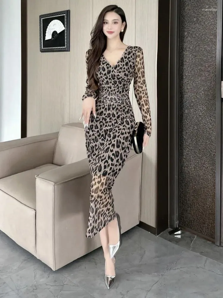 Casual Dresses Vintage Leopard Floral Print 2023 Spring Autumn Women Sexy V Neck Mesh Dress Lunch Sleeve Bodycon Vestidos