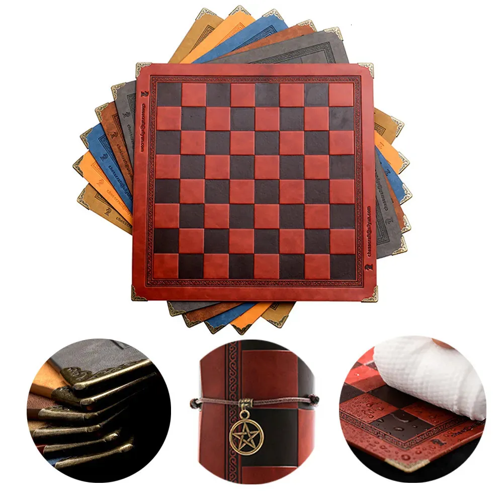 Schachspiele Schachbrett 9 Farben geprägtes Design Leder Tischspiel tragbares universelle Luxus -Checker Schach intellektuelles Spielzeuggeschenk 231031