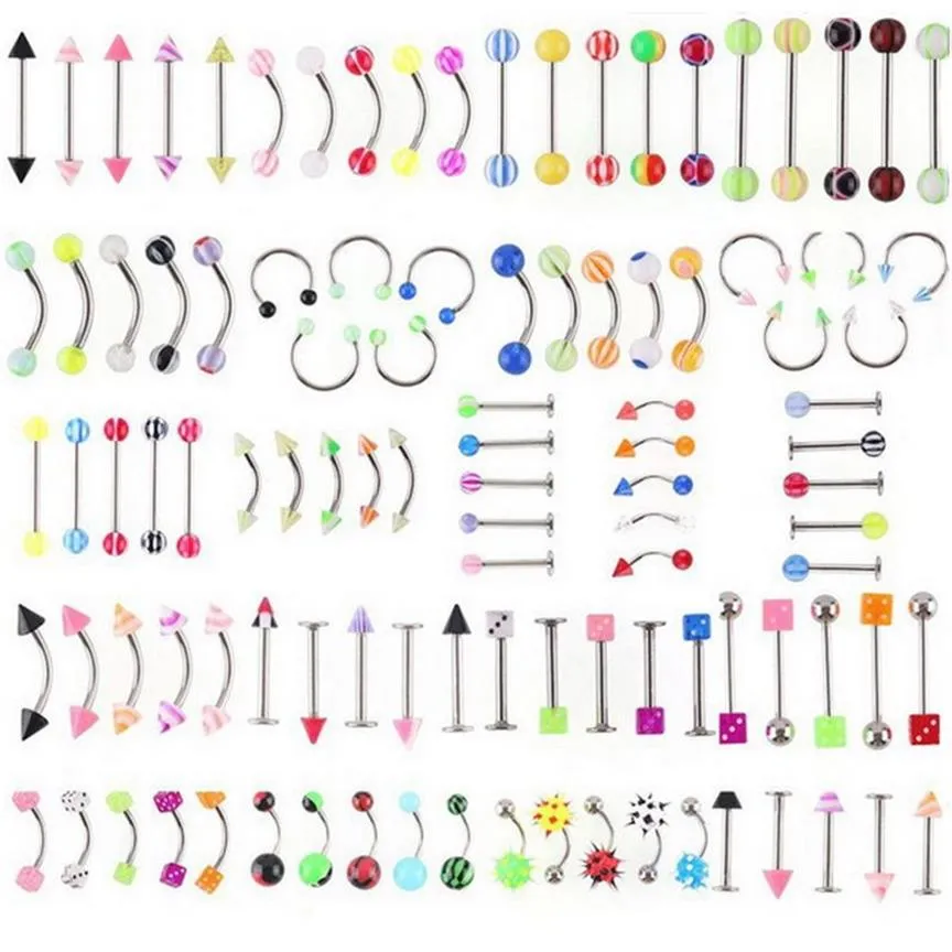 Hele Promotie 110 STKS Gemengde Modellen Kleuren Lichaam Sieraden Set Hars Wenkbrauw Navel Buik Lip Tong Neus Piercing Bar Rings242e