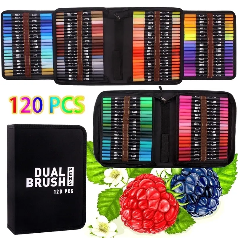 Markers Watercolor Brush Marker Pen 60/120 Colored Dual Tip Art Markers Felt Tip Pens Sketchbooks For Drawing Stationery Supplies 231030