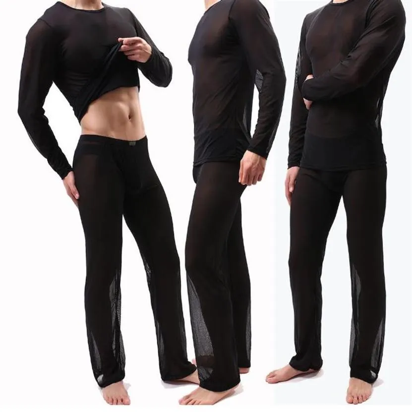 Perspectiva masculina homewear terno malha pura manga longa pijamas conjunto em torno do pescoço calças soltas pijamas tamanho grande preto whi228a