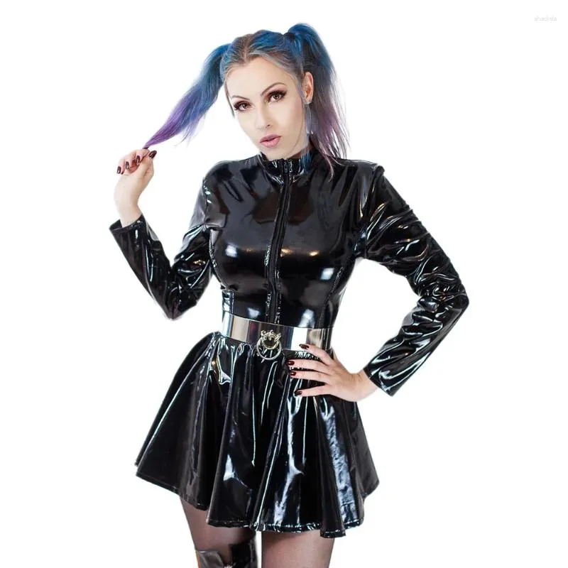 Casual klänningar långärmad vinyl pvc blossed miniklänning moto flickor blixtlås a-line våt faux latex sexig sissy klubb kläder glänsande fest