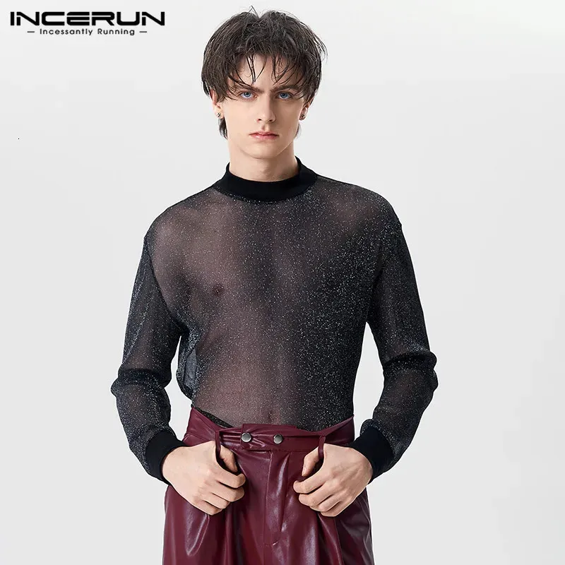 Men's Polos INCERUN Men T Shirts Shiny Mesh Patchwork Streetwear O neck Long Sleeve Camisetas 2023 Transparent Sexy Fashion Clothing 5XL 231031