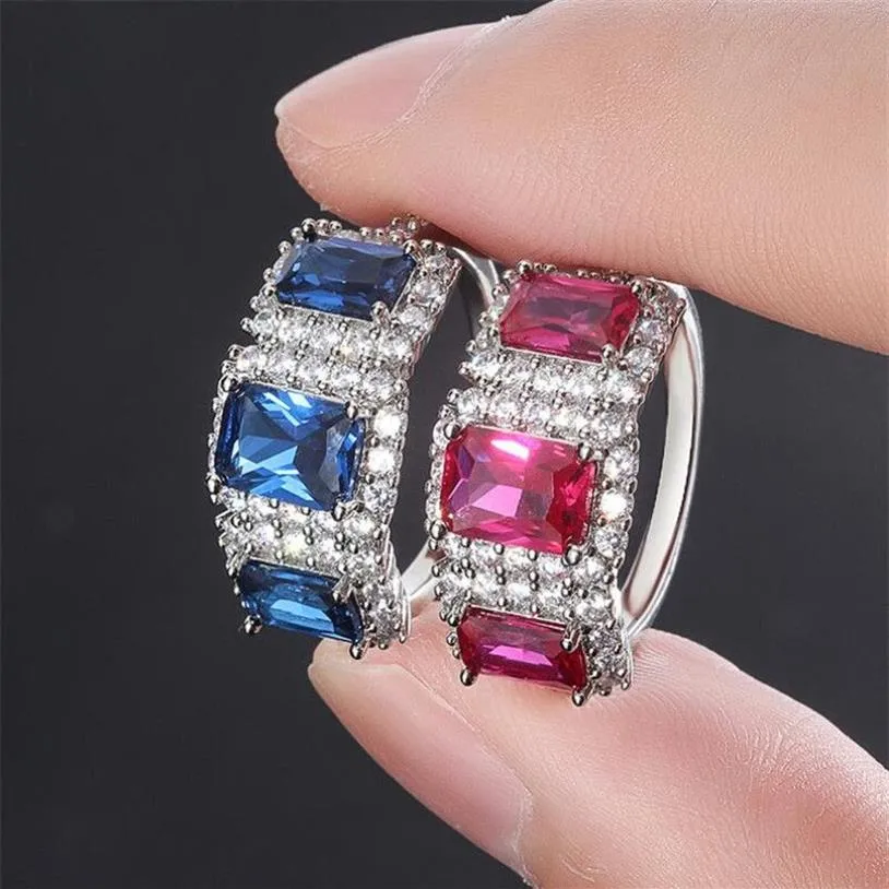 Luxe Sieraden 925 Sterling Zilver Drie Steen Blauwe Saffier CZ Diamant Tanzanite Vrouwen Party Wedding Engagement Band Ring Voor Lov303d