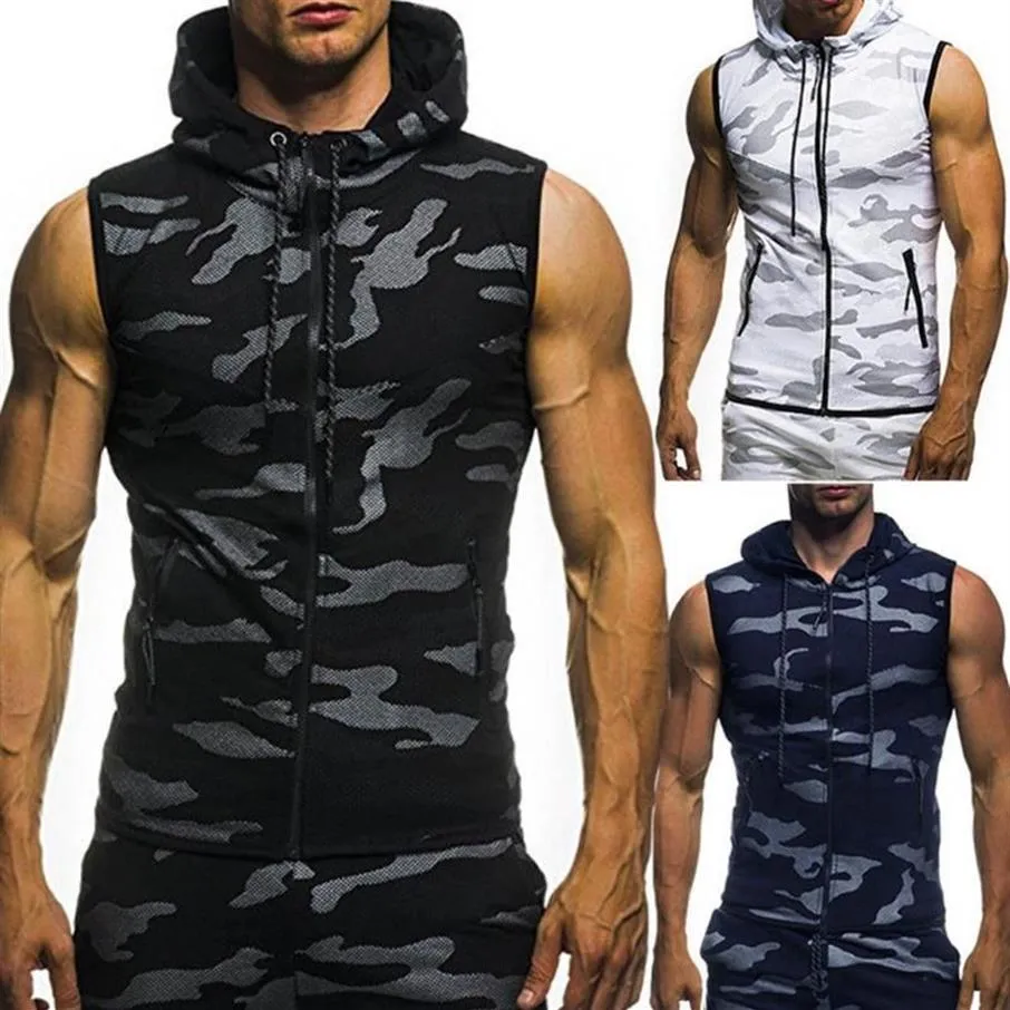Men's Tank Tops Men Bodybuilding Gyms Fitness Workout Sleeveless Hoodies Man Casual Camouflage Hooded Vest Male Clothing263l