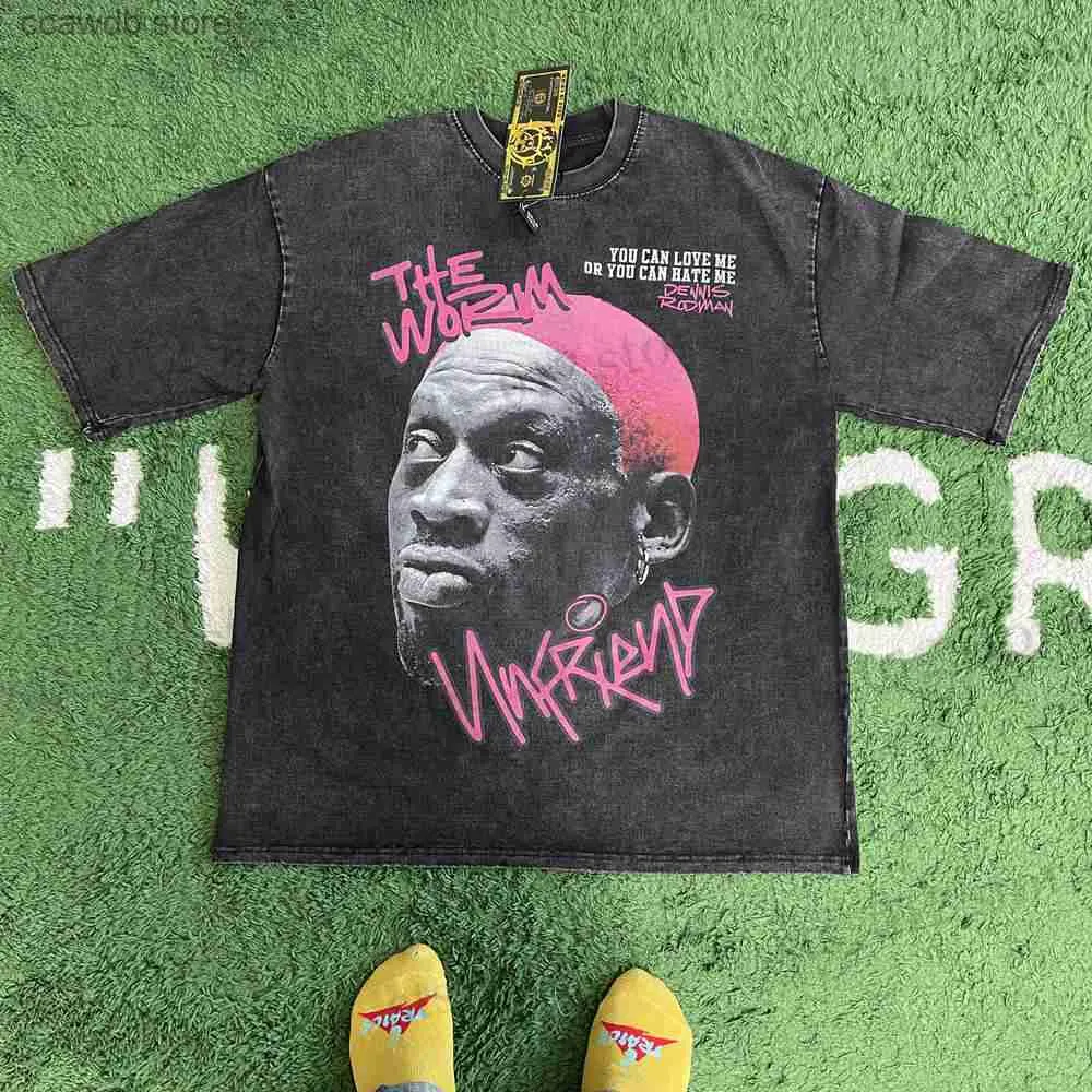 Męskie koszulki żaba moda moda vintage luźna grafika do koszykówki retro mycie Summer The Worm Dennis Rodman Oversizes T-shirt T-shirt Men T230512 T231031