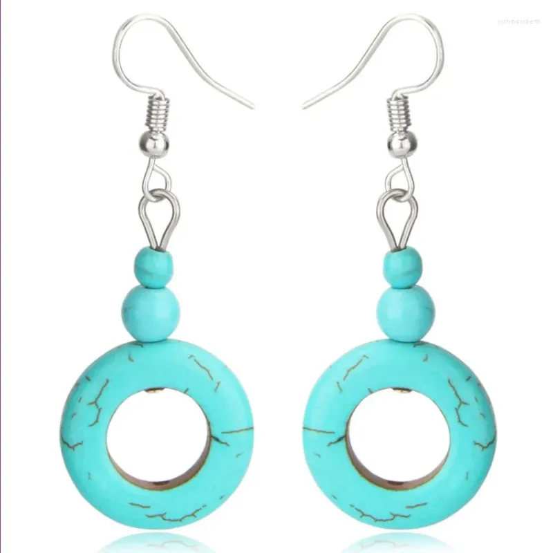 Boucles d'oreilles pendantes FYJS Unique plaqué argent rond creux plusieurs couleurs pierre turquoise avec petites perles bijoux