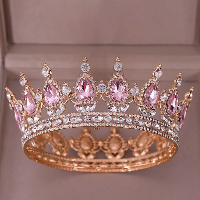 Moda di lusso Cerchio Rosa Cristallo Regina Corone Tiara nuziale rotonda completa per la festa nuziale Accessori per capelli con strass X0625284y