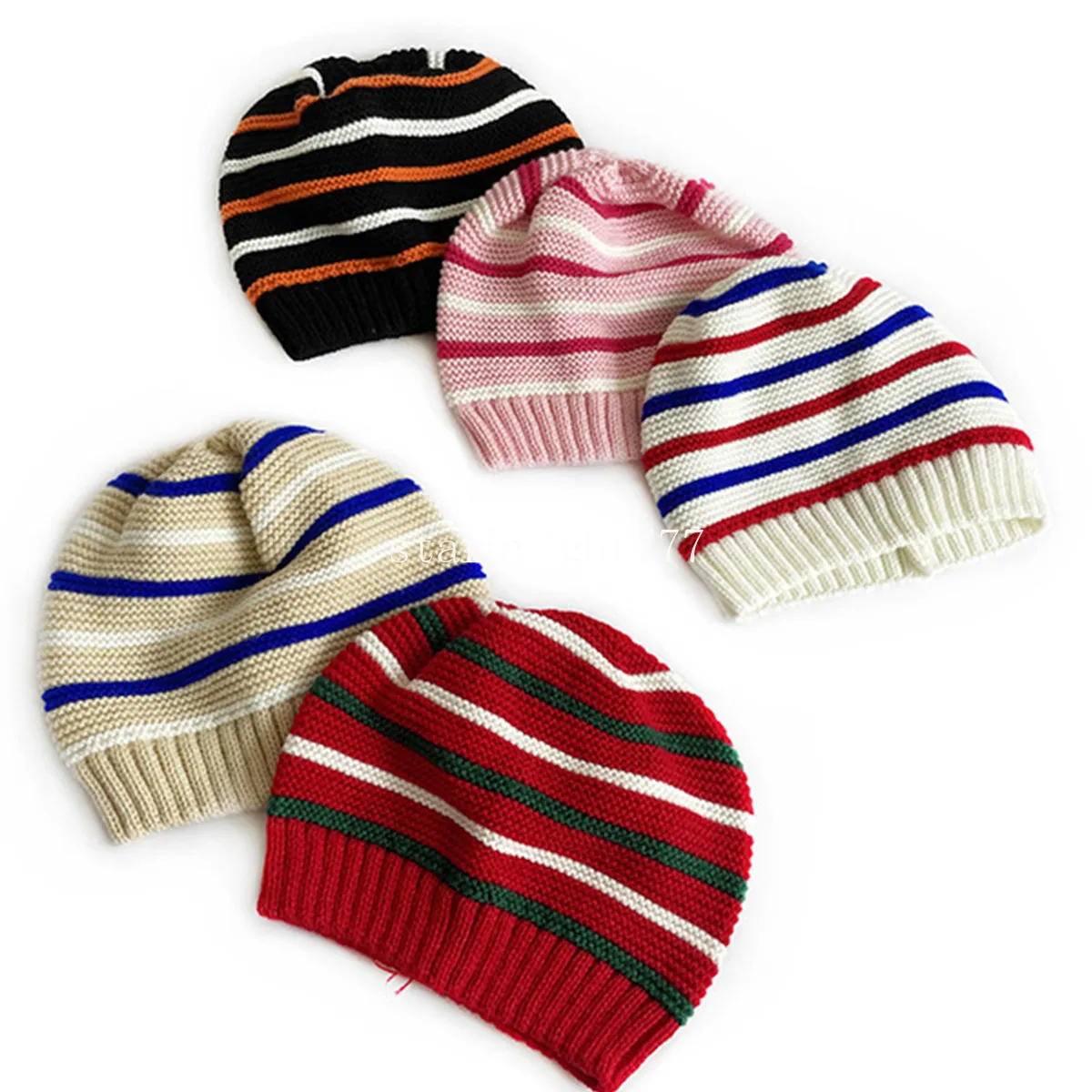 Wool Knitted Striped Winter Hat Baby Girls Newborn Warm Woolen Color Bonnet Blue Red Wihite Stripe Knit Beanie Infant Skullcap