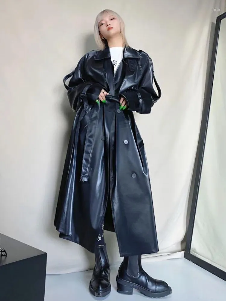 Casacos femininos adagril preto oversized casaco de couro mulheres outono streetwear cinto solto longo windbreak jaquetas legal menina moda