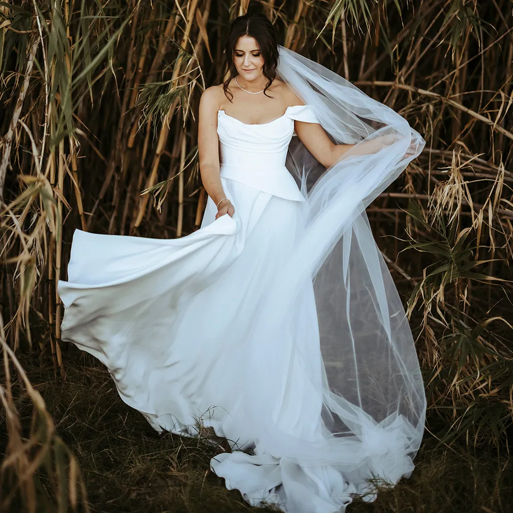 Off Shoulder Corset Wedding Dresses: Draped Neck A Line Bridal