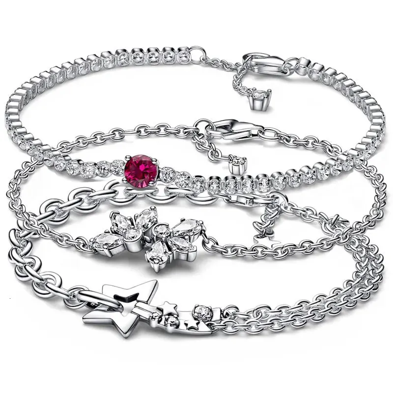 Chaîne en argent sterling 925 scintillant rouge tennis herbier cluster étoile filante chaîne bracelet bracelet ajustement perle charme bijoux 231030