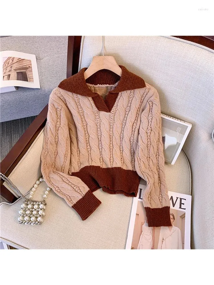 Women's Sweaters Women Cardigan Knitted Two-tone Sweater With Collar 90s Vintage Harajuku Korean Fashion Long Sleeve Top Clothes Autumn