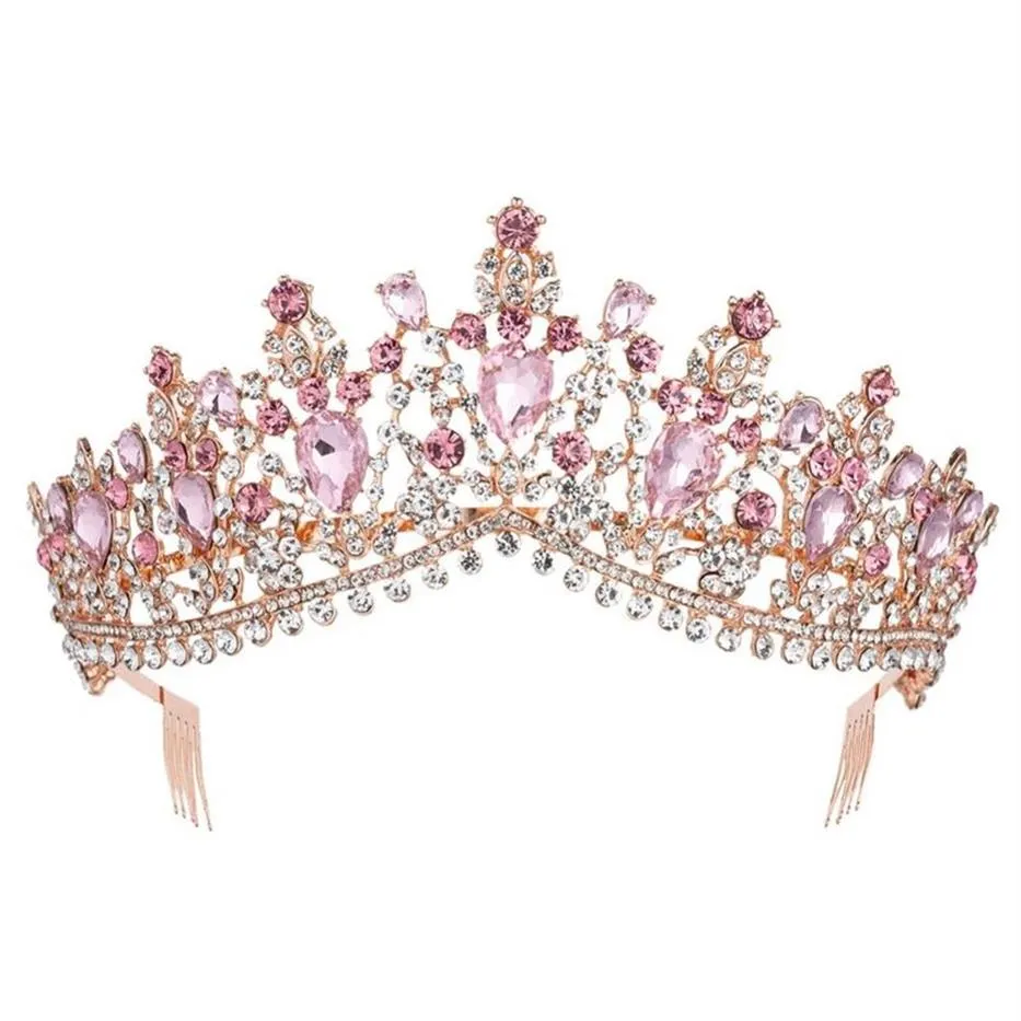 Corona barroca de tiara nupcial de cristal rosa dorado rosa con peine desfile de graduación velo de diamantes de imitación tiara diadema accesorios para el cabello de boda Y198a