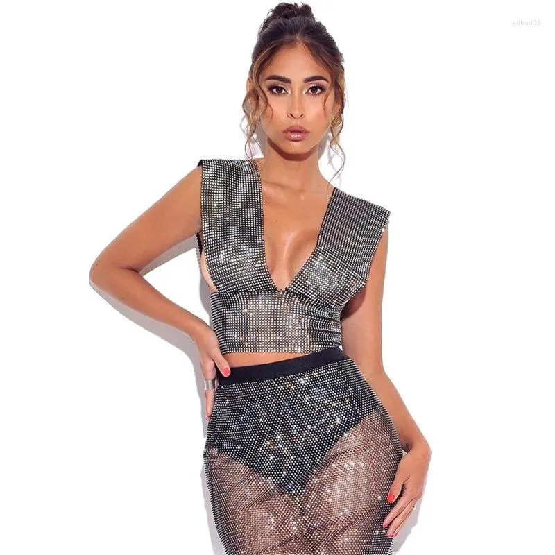 Work Dresses Sexy Crystal Diamante Net Two Piece Skirt Set Sleeveless Crop Top And Women Summer Outfits Night Club Shining 2Pcs