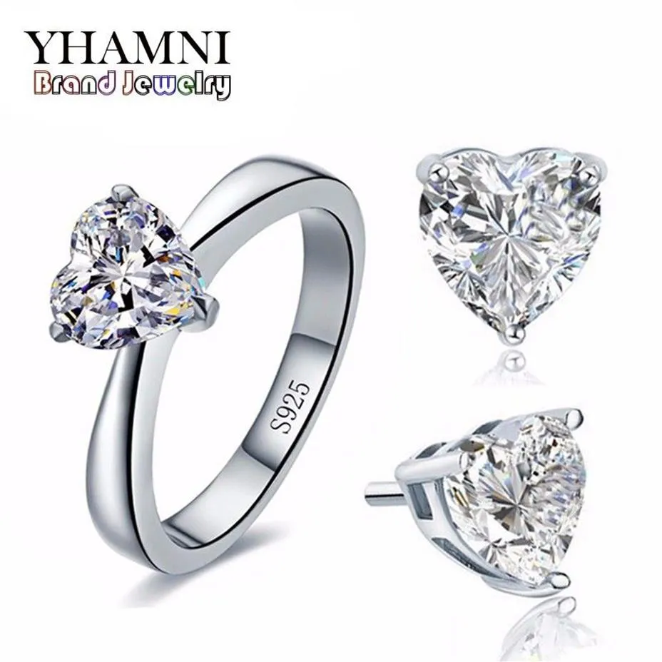 YHAMNI Originele Bruidssieradensets voor Vrouwen Echt 925 Sterling Zilver Hart CZ Diamanten Oorknopjes Ring Bruidssieraden 271w