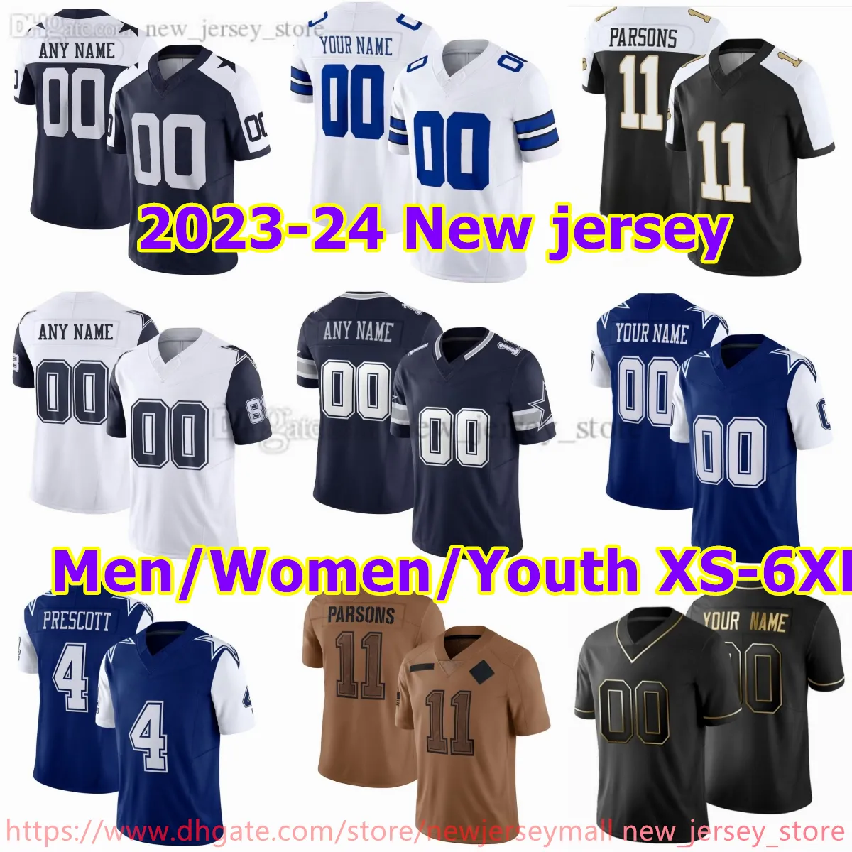 Custom S-6XL DIY 4 Dak Prescott Football Jersey stitched 21 Ezekiel Elliott 88 CeeDee Lamb 55 Leighton Vander Esch Micah Parsons Rico Dowdle Trevon Diggs Deion Sanders