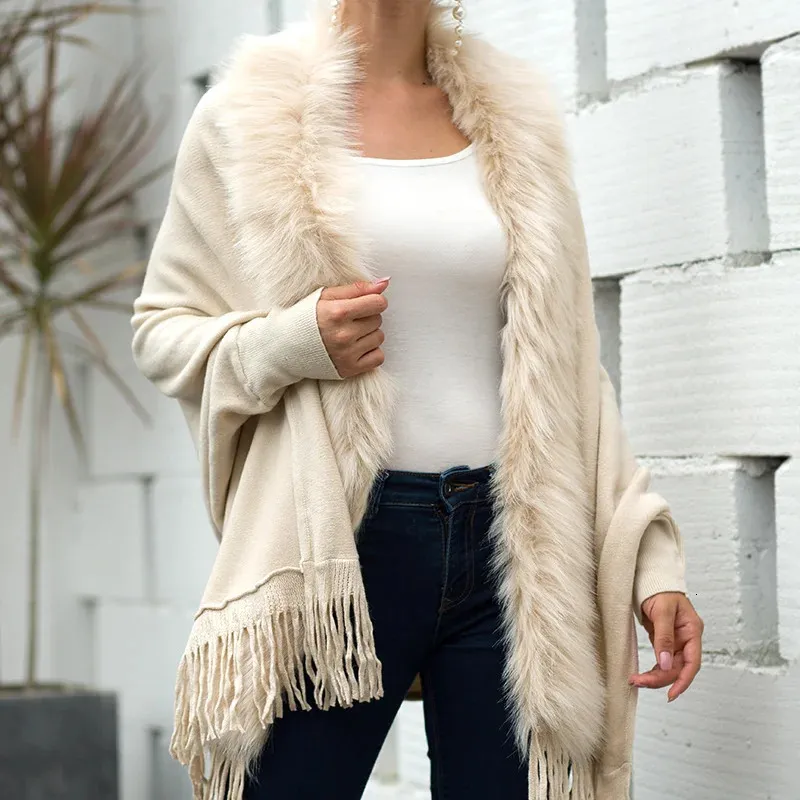 Women's Fur Faux Fur Capes Women Casual Jacket and Cape Loose Cardigan Wool Blends Poncho Vintage Tassel Shawl Coat Solid Batwing Sleeve Veste Femme 231031