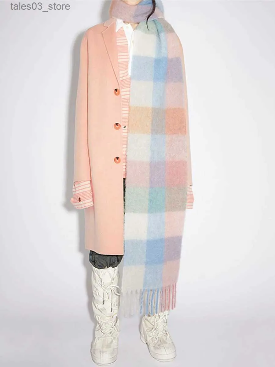 スカーフ冬AC格子縞のスカーフ女性暖かいパシュミナスタジオ女性スカーフラップブファンダタッセルショールロングレインボーヘアリーラグジュアリーブランドQ231031