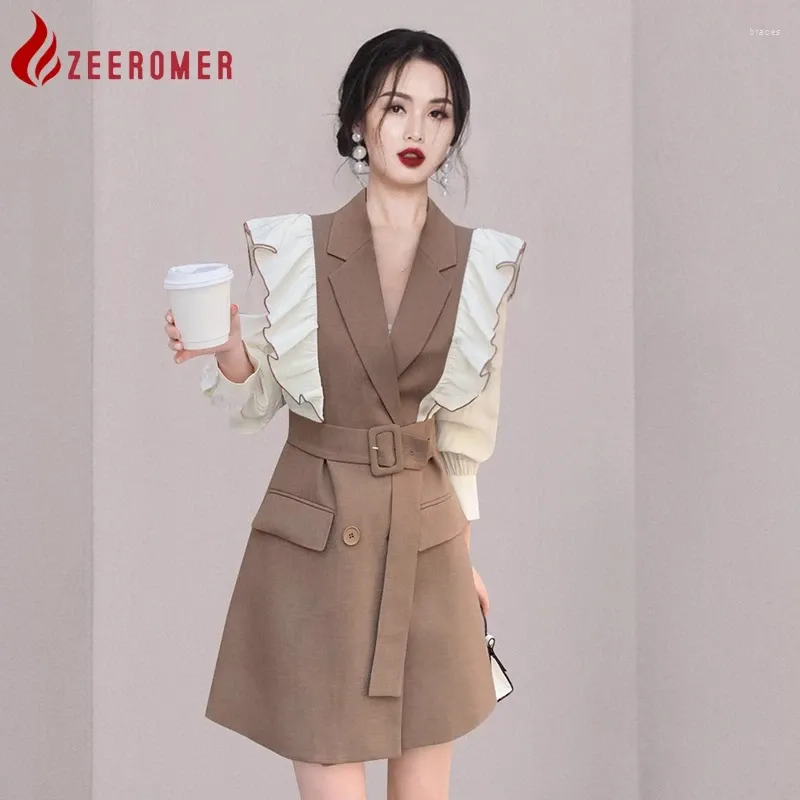 Casual Dresses Zeeromer 2023 Autumn Korean Fashion Patchwork Office Blazer Dress Women Passar Collar Double Breasted Belt Ruffle Mini Party