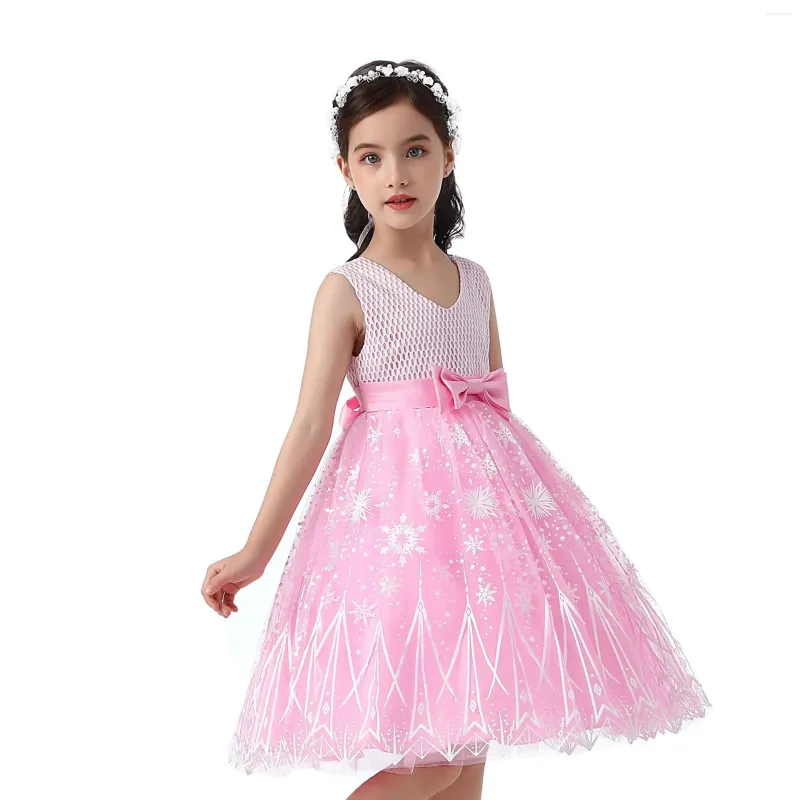 Robes de fille pour tout-petits, imprimé nœud papillon, robe de soirée en maille, col en v, Costume de princesse pour enfants, anniversaire, beau mariage, 3-15 ans, 2023