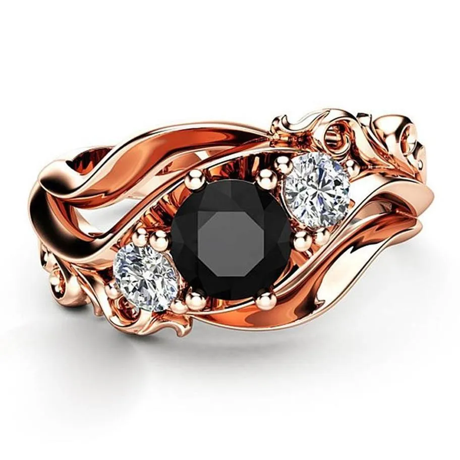 Обручальные кольца Huitan Witch Ring Уникальный черный камень с зубцами, дизайн ремешка, цвет розового золота, женский обручальный палец Wholesa281T