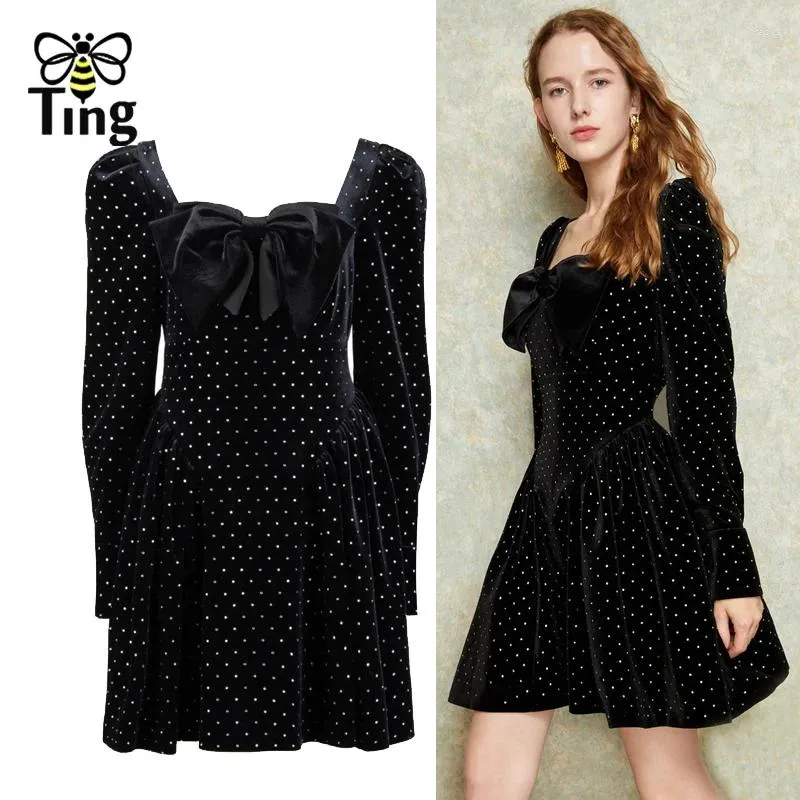 Casual Dresses Tingfly Designer Bowknot Black A Line Mini Short Party Night Glitter Polka Dot Velvet Vestidos GoblinCore Robe