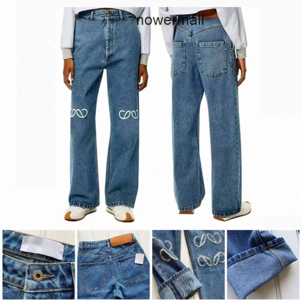 Parche Lowewe Denim Lowe Casual Loewees Loeewe Diseñadores bordados Pantalones vaqueros rectos para mujer Llegadas Decoración Alta Cintura Azul Pantalones de calle Hold Out War V0TK