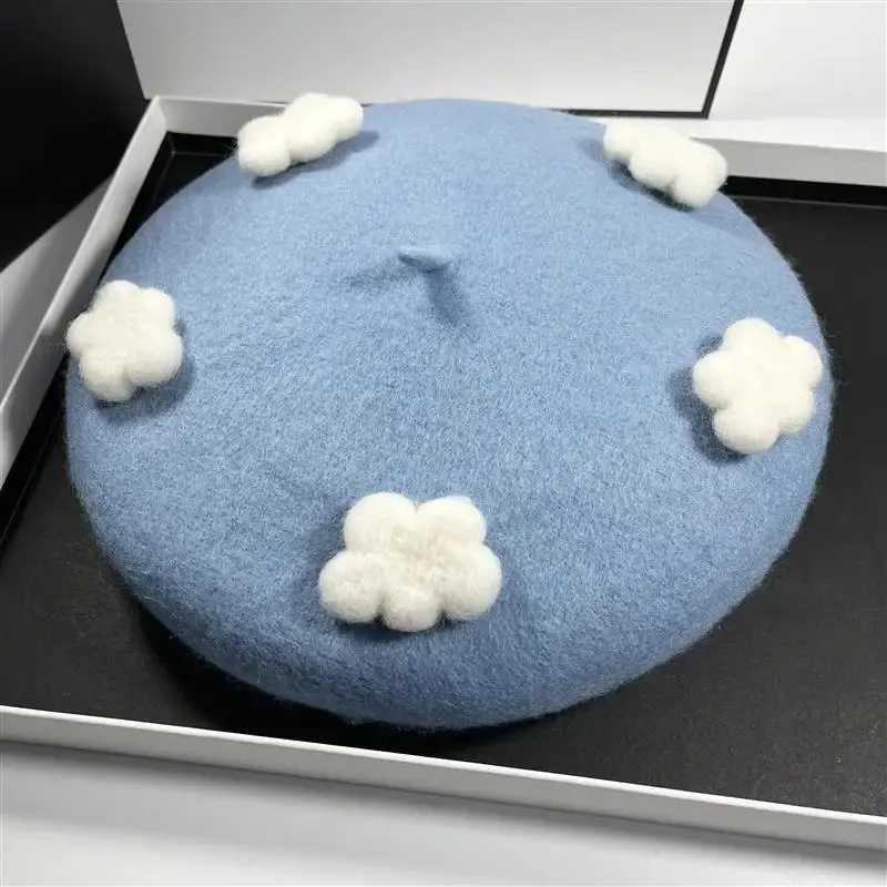 Berets RH Handmade Cute White Clouds Wool Felt French Berets Spring Winter Artist Warm Painter Hats For Gift 231031