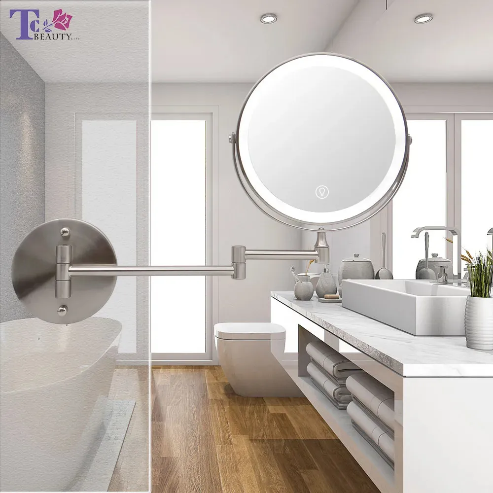 Kompakt 8 tum väggmonterad badrumsspegel Justerbar LED Makeup Mirror 10X förstoring Touch Vanity Cosmetic med ljus 231030