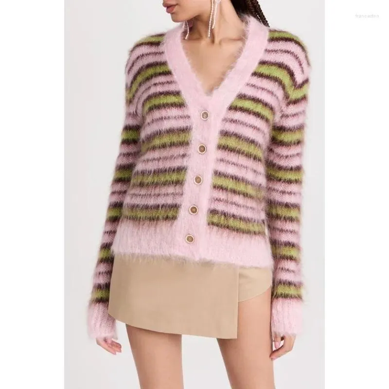 Malhas femininas VII 2023 Chegadas Outono e Inverno Roupas Femininas Mohair Stripe Sweet S Fashion Weater Ofertas