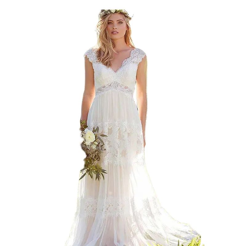 Bohemian Empire Waist boho Lace wedding dress with V-Neck, Lace Appliques, and A-Line Silhouette - Floor Length Plus Size Beach Tulle Mariage Gown