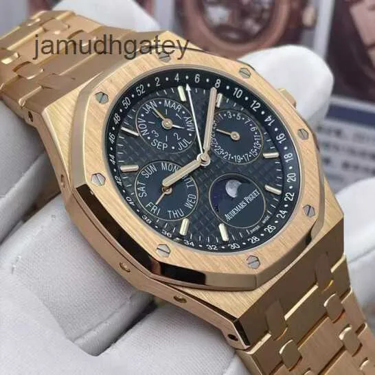 AP Swiss Relógios de pulso de luxo Royal Ap Oak Series 26574OR Rose Gold Blue Dial Calendário perpétuo Voltar Transparente Mens Moda Lazer Negócios Sports Machinery Wri