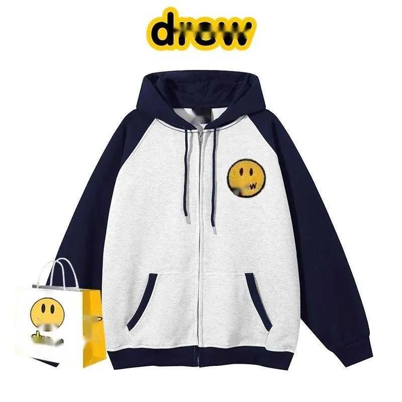 Men's women's Hoodies Sweatshirts Drw house smiley face embroidery patchwork American loose fitting zippered cardigan student coat trend