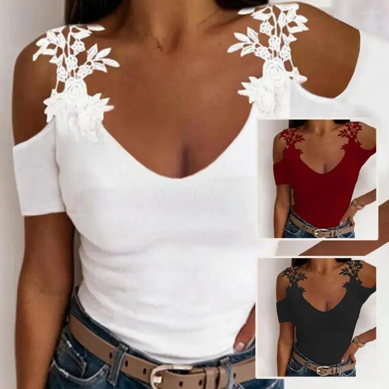 Blouses Femmes Femmes Dentelle Top Doux Élégant Décor De Fleurs Hors Épaule Été Slim Fit U Cou Blouse Pour Élégant