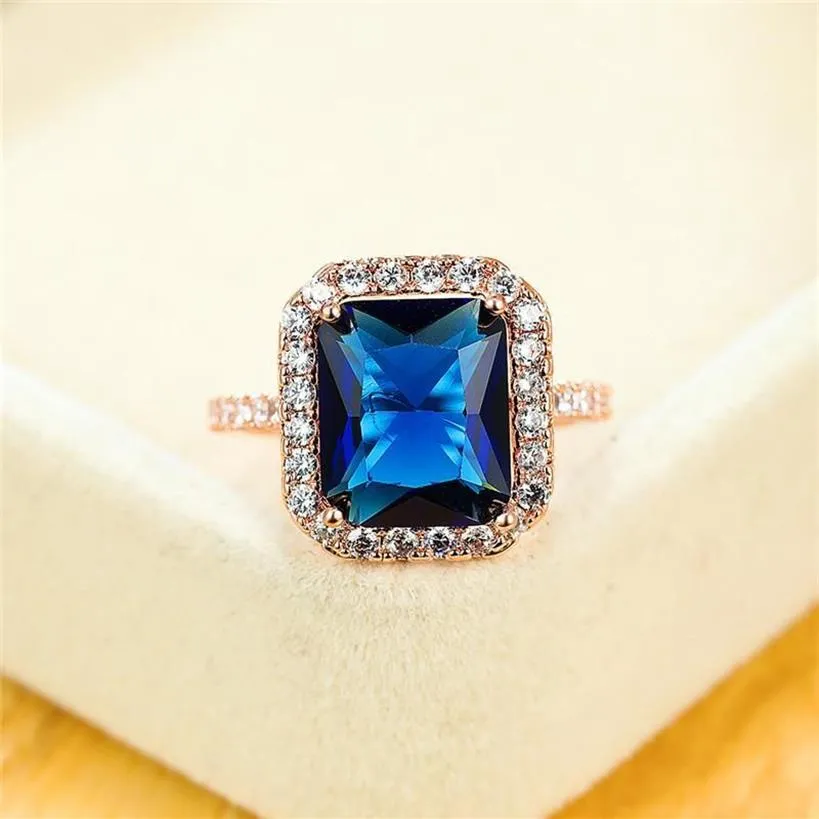 Wedding Rings Vintage Female Blue Crystal Stone Ring Luxury Rose Gold Color For Women Promise Love Square Engagement Ring1343n