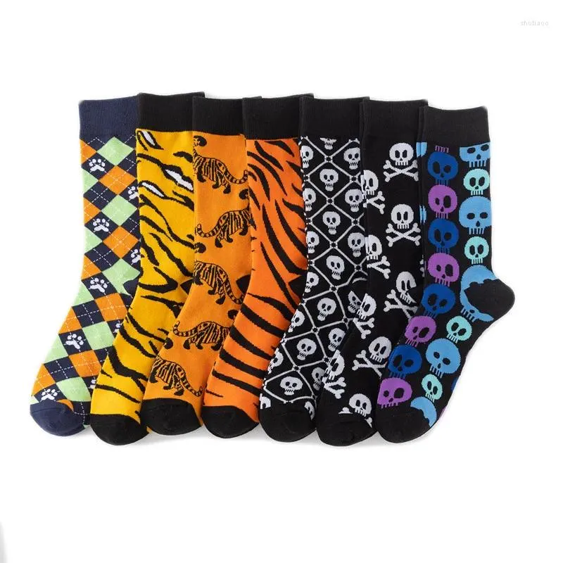 Herrensocken, Freizeit, modisch, Tiger-Cartoon, gekämmte Baumwolle, personalisierbar, Skelett-Kopf, Leopardenmuster, mittlere Ärmel