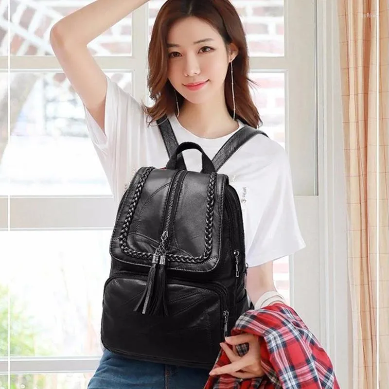Stylish Black Backpack Simple Fashion Bag with Fringed Detail