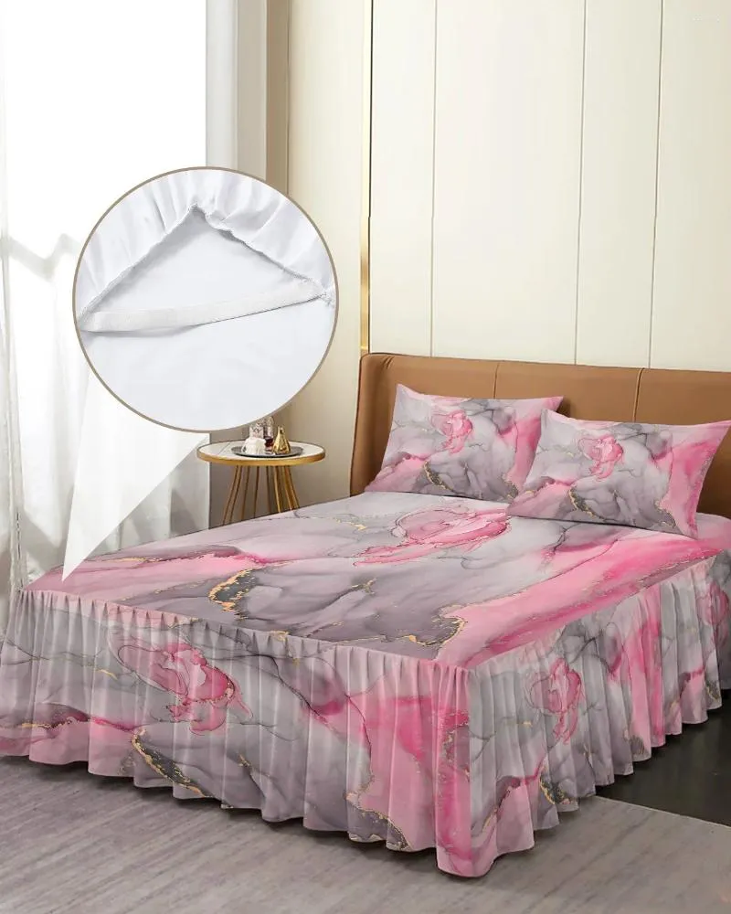 Jupe de lit Texture marbre aquarelle rose gris, couvre-lit élastique avec taies d'oreiller, housse de matelas, ensemble de literie, drap