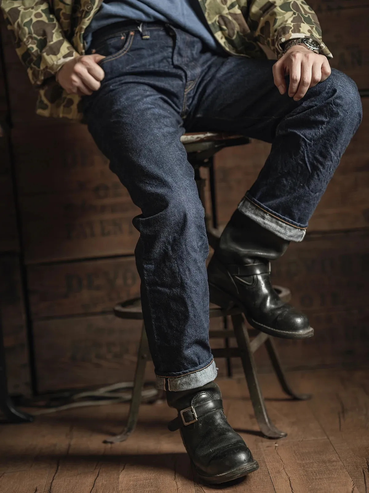 Mäns jeans Bronson 47801xx styv rakt passande män robusta arbetskläder råa denimbyxor 231031