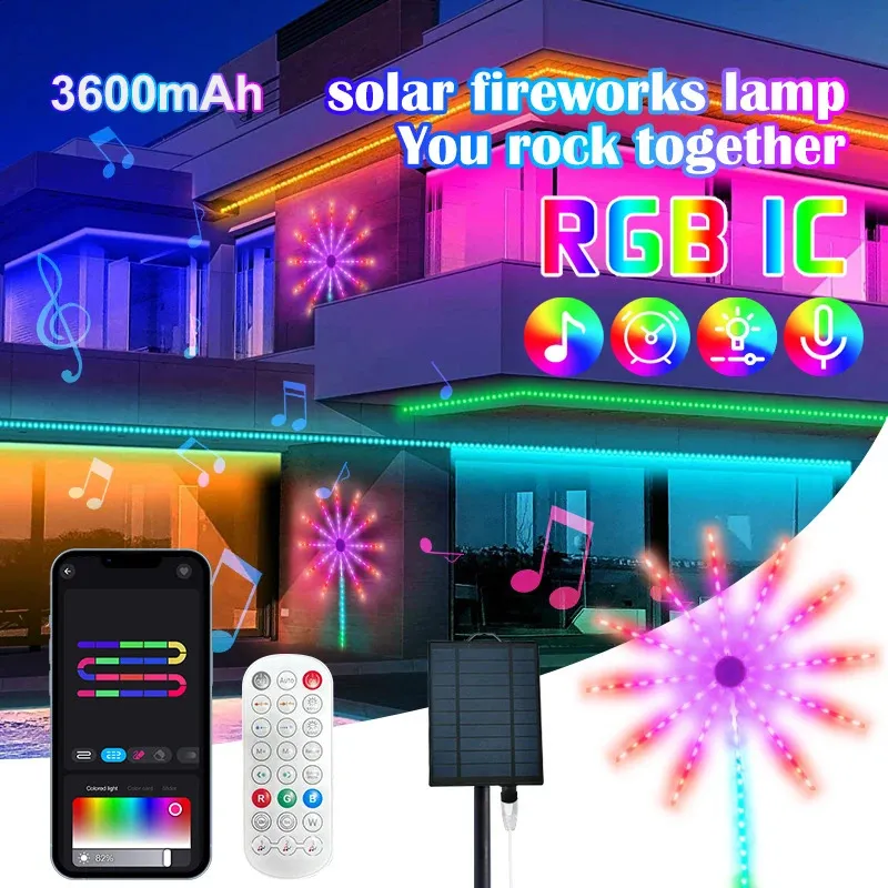 Julekorationer Solar LED Fireworks Lights RGBIC Color Changing Strip Light Music Sync Waterproof Wall Lamp med fjärrkontrolldekor 231030