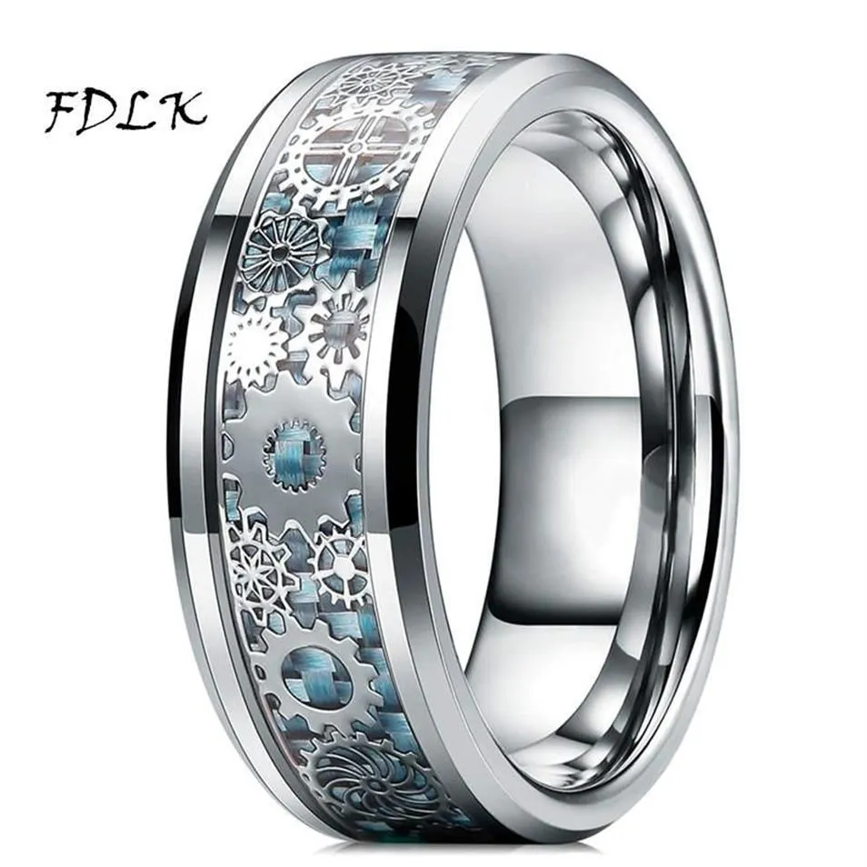 Wedding Rings Mens Steampunk Gear Wheel Stainless Steel Ring Dragon Inlay Light Blue Carbon Fiber Gothic Band Size 6-13319A