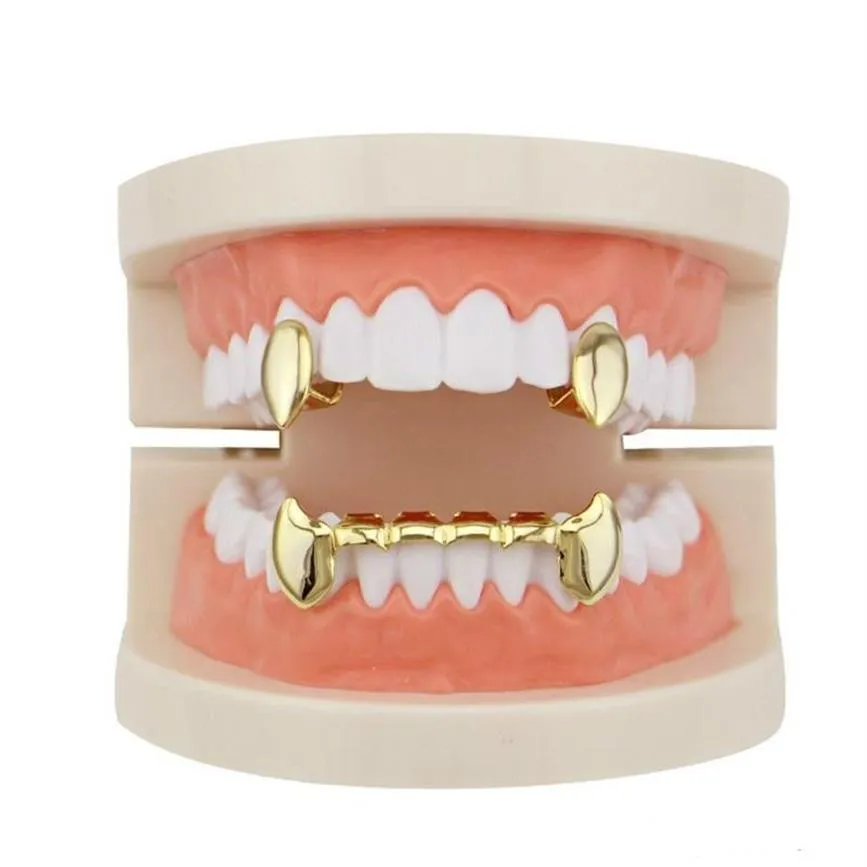 Todo brillante cobre Dental Grillz Punk vampiro canino conjunto de joyería para dientes Hip Hop mujeres hombres chapado en oro parrillas Accessories277d