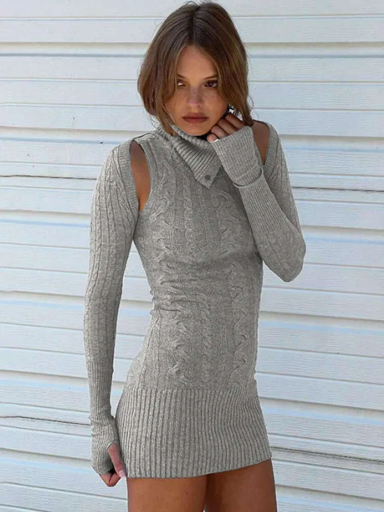 Knitte Ribbing Mini dla kobiet wysoki talia długie rękawowe puste sukienki BodyCon