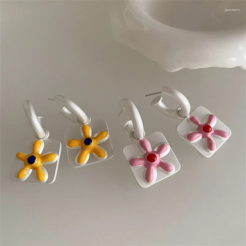 Boucles d'oreilles pendantes AOMU doux rose jaune blanc fleur métal émail irrégulier géométrique carré couture goutte en forme de C pour les femmes